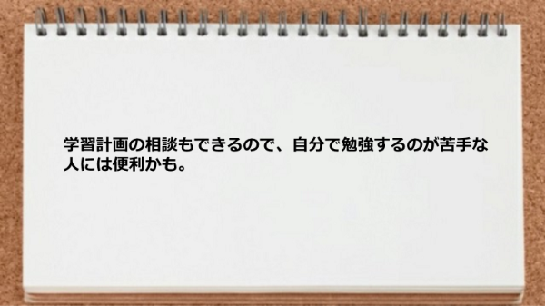 学習計画の相談できるので自分で勉強するのが苦手な人には便利。
