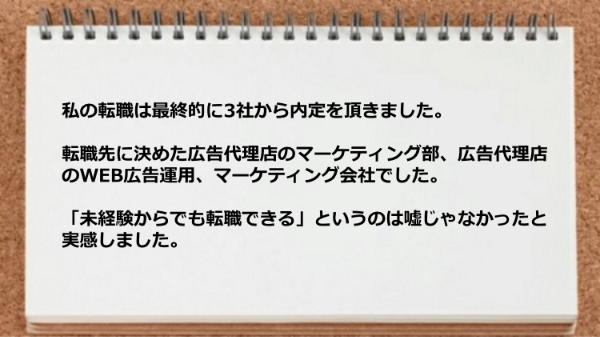 私の転職は最終的に3社から内定を頂き未経験からでも転職できるというのは嘘じゃなかった。

