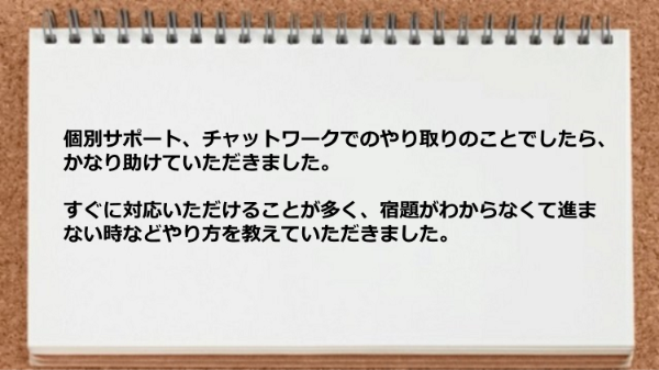  個別サポート、チャットワークでのやり取りが役立った。

