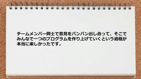 チームメンバー同士で意見を出し合って一つのプログラムを作り上げていく過程が楽しかったです。
