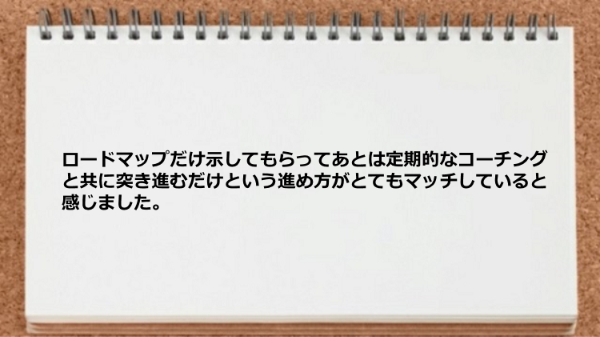 ロードマップだけ示してもらってあとは定期的なコーチングと共に突き進むだけという進め方がとてもマッチしているた。 