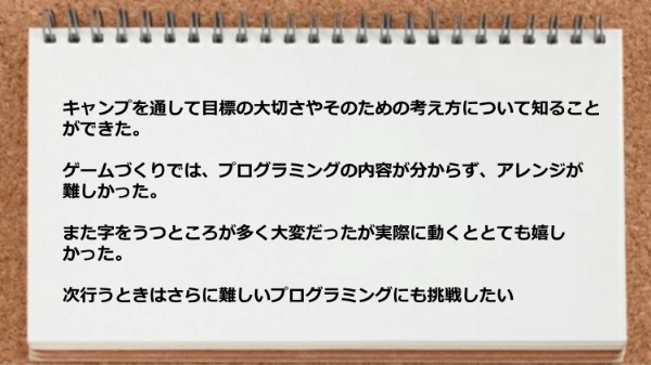 キャンプを通して目標の大切さやそのための考え方について知ることができた。
