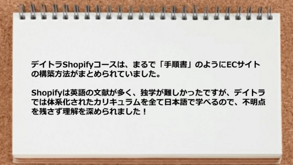 デイトラShopifyコースは手順書のようにECサイトの構築方法がまとめられています。

