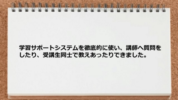 学習サポートシステム、講師への質問、受講生同士教えあいが役立った。
