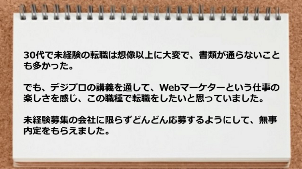 未経験募集の会社に限らず応募するようにして無事内定をもらえました。
