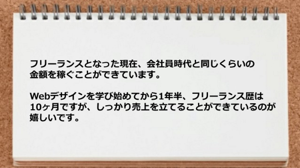 フリーランスとなった現在、会社員時代と同じくらいの金額を稼ぐことができています。
