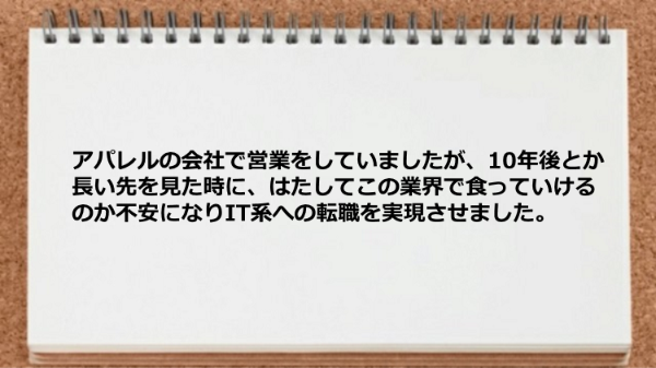 アパレルの会社で営業をしていましたが、
10年後とか長い先を見た時に、
はたしてこの業界で食っていけるのか不安になり
IT系への転職を実現させました。