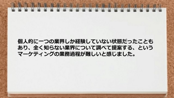 全く知らない業界について調べて提案するマーケティングの業務過程が難しいと感じました。