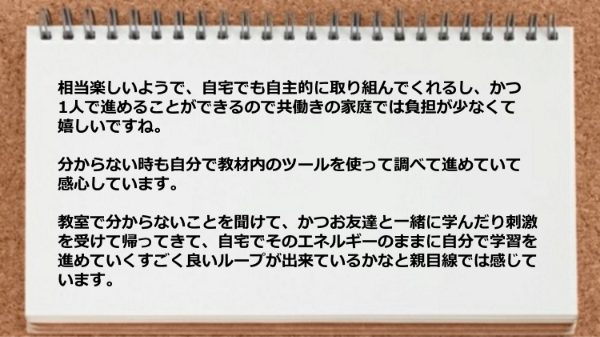 自宅でも自主的に取り組んでくれるしお友達と一緒に学んだり刺激を受けている。
