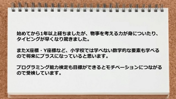 物事を考える力が身についたりタイピングが早くなりまたX座標・Y座標など、小学校では学べない数学的な要素も学べるのがよい。
