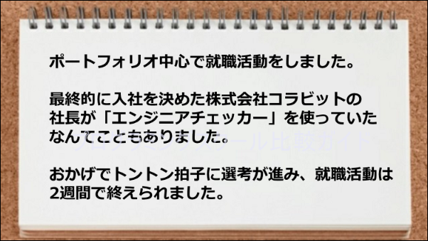 ポートフォリオを中心に就職活動を実践して2週間で終了しました