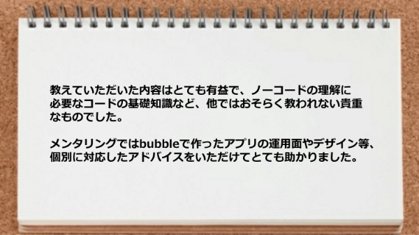 ノーコードの理解に必要なコードの基礎知識など他ではおそらく教われない貴重なものだった。
