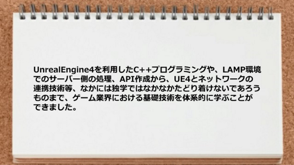 ゲーム業界における基礎技術を体系的に学べた。
