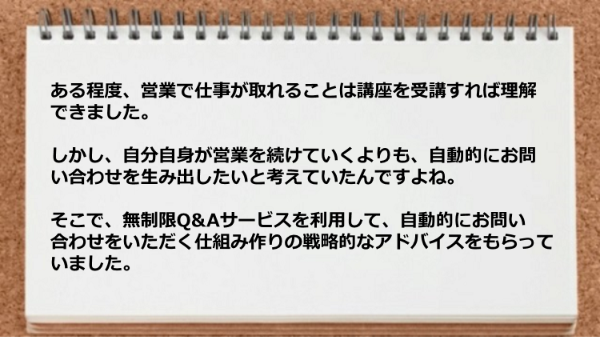 自動的にお問い合わせをいただく仕組み作りの戦略的なアドバイスをもらえました。
