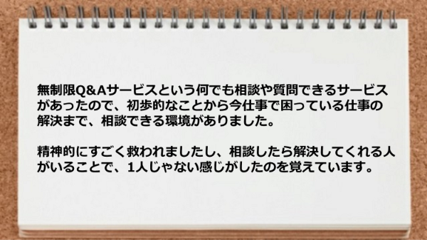 無制限Q&Aサービスは精神的にすごく救われましたし1人じゃない感じがしたのを覚えています。
