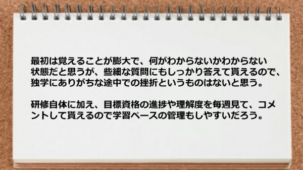 質問に答えて貰えるので独学にありがちな挫折というものはないし学習ペースの管理もしやすい。